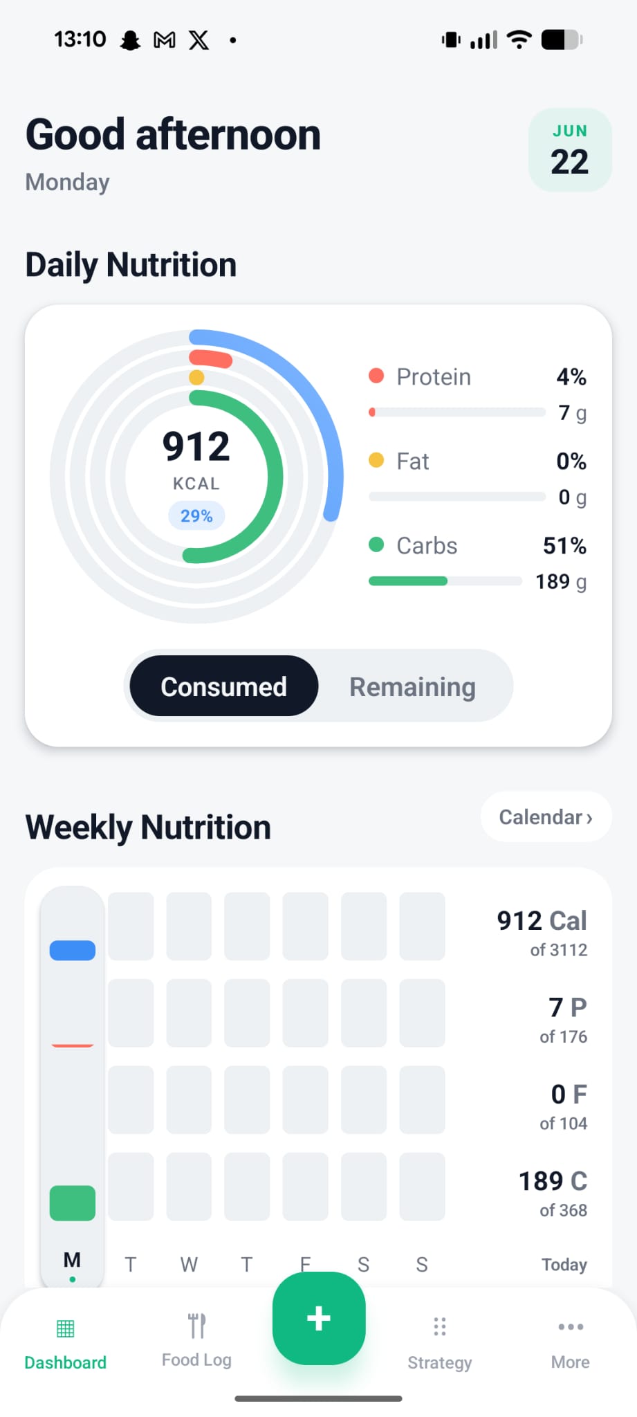 macroBody dashboard — daily nutrition rings and weekly overview