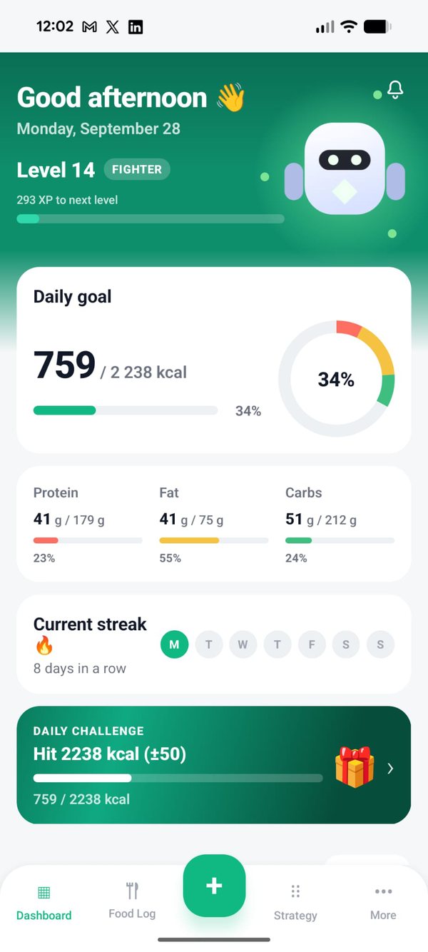 macroBody home screen — daily goal, level and streak